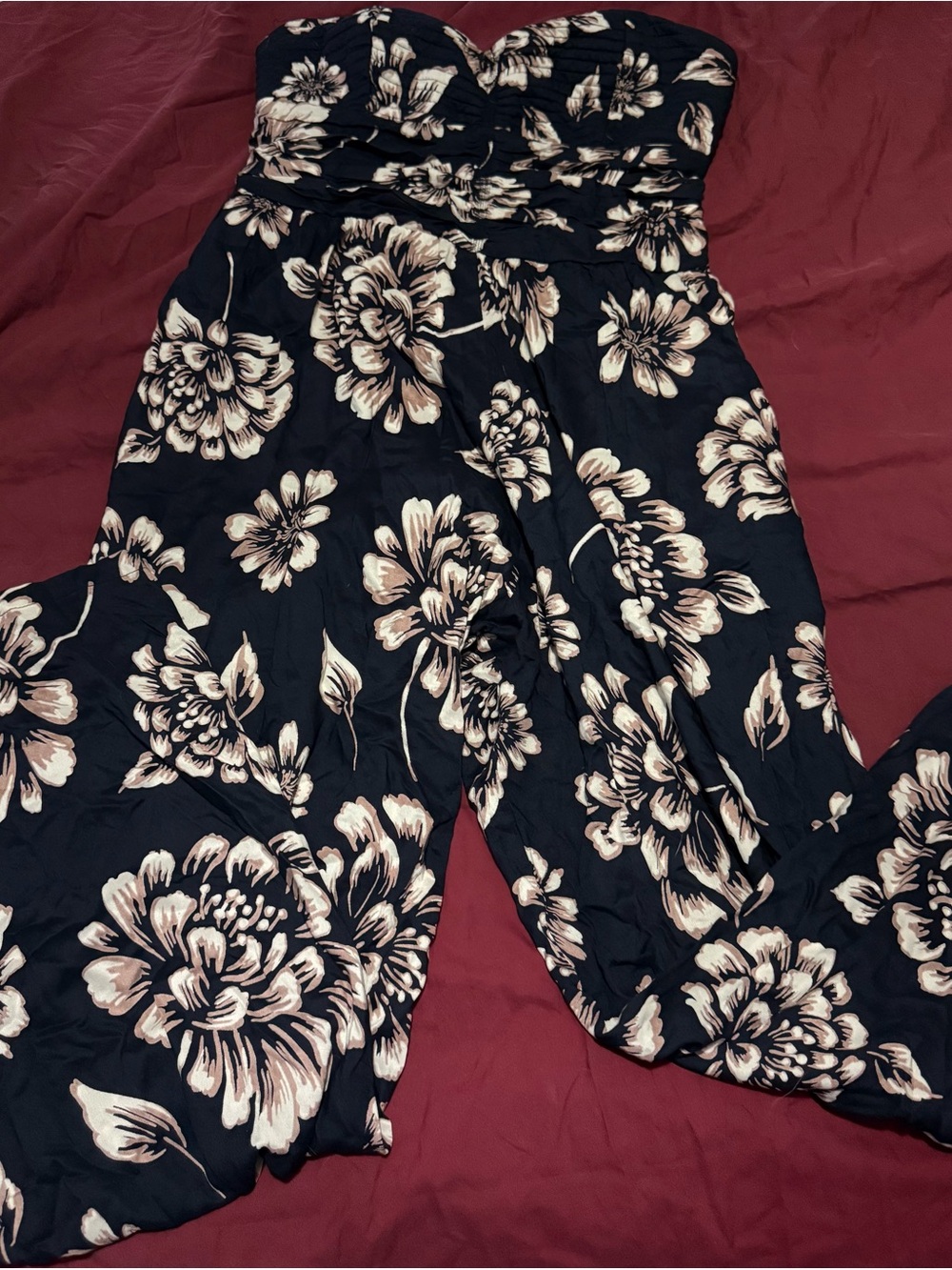 Strapless Navy Blue Jumpsuit with Cream Floral Print